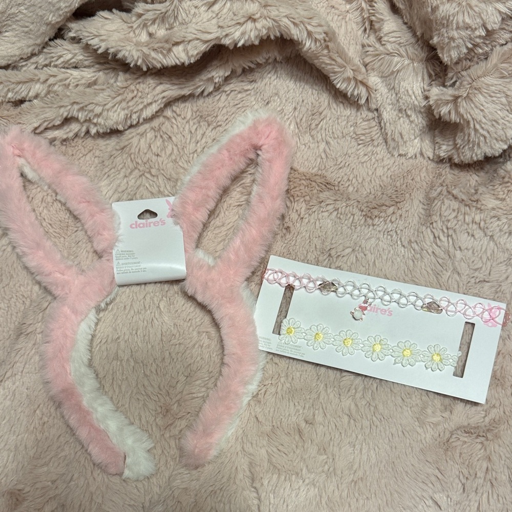 Claire's Fuzzy Pink and White Bunny Headband & Bunny‎ & Flower Necklace